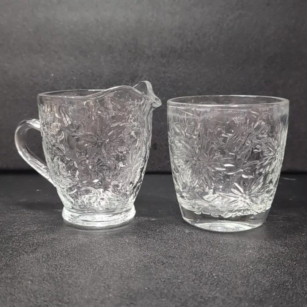Princess House Fantasia Open Sugar Bowl‎ & Creamer Set #5242, Etched Poinsettias